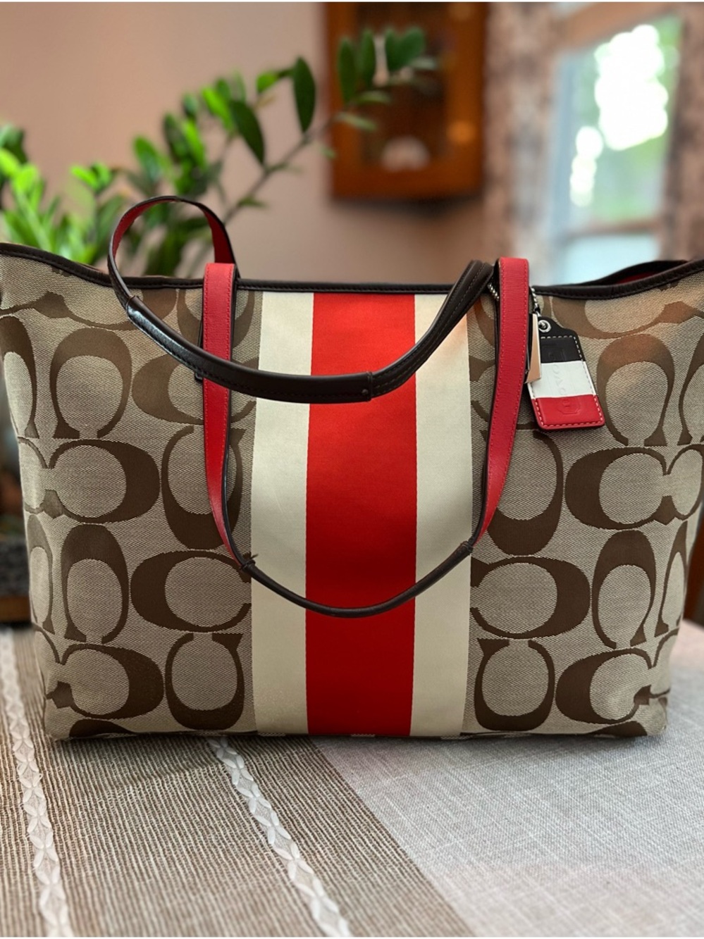 Coach Brown Signature Canvas Tote with Red and White Center Stripe